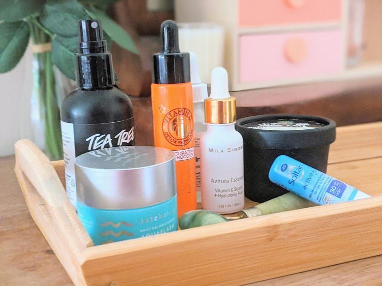 skincare products on a tray