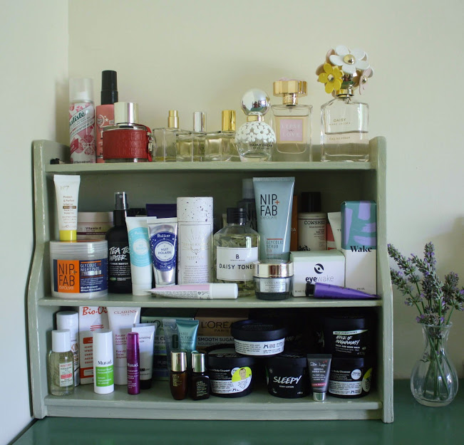 shelf full of skincare products