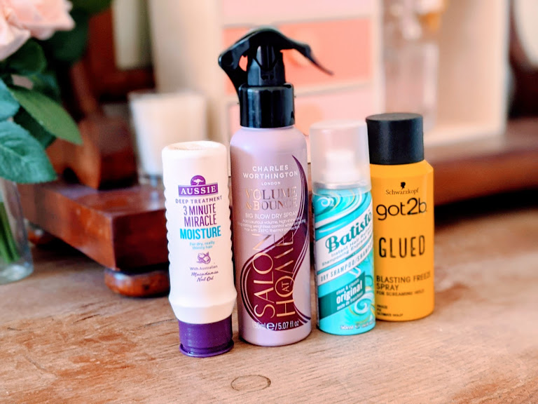 hair products on a dresser